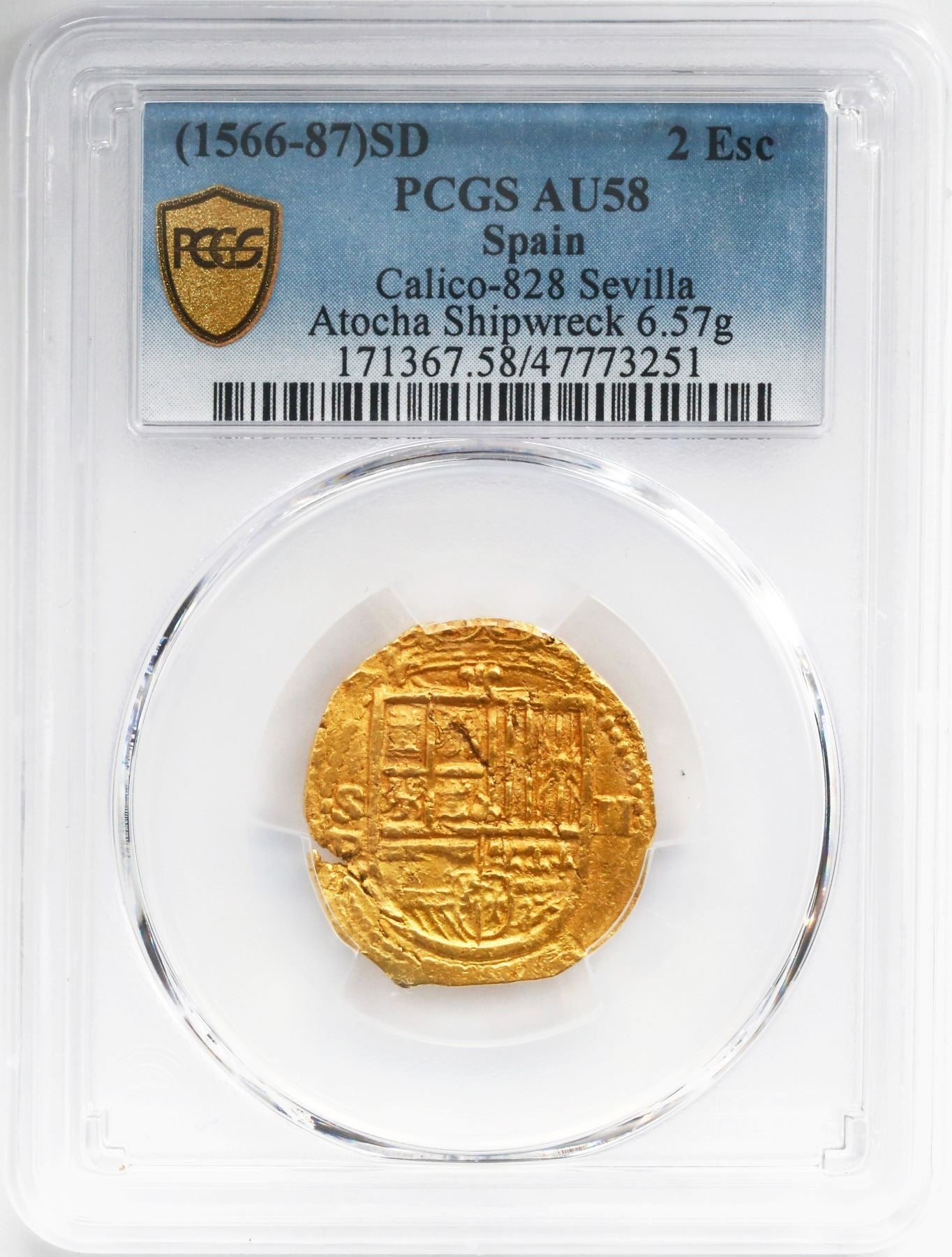 1566-87 SD 2 Escudo Spain Atocha Shipwreck PCGS AU58