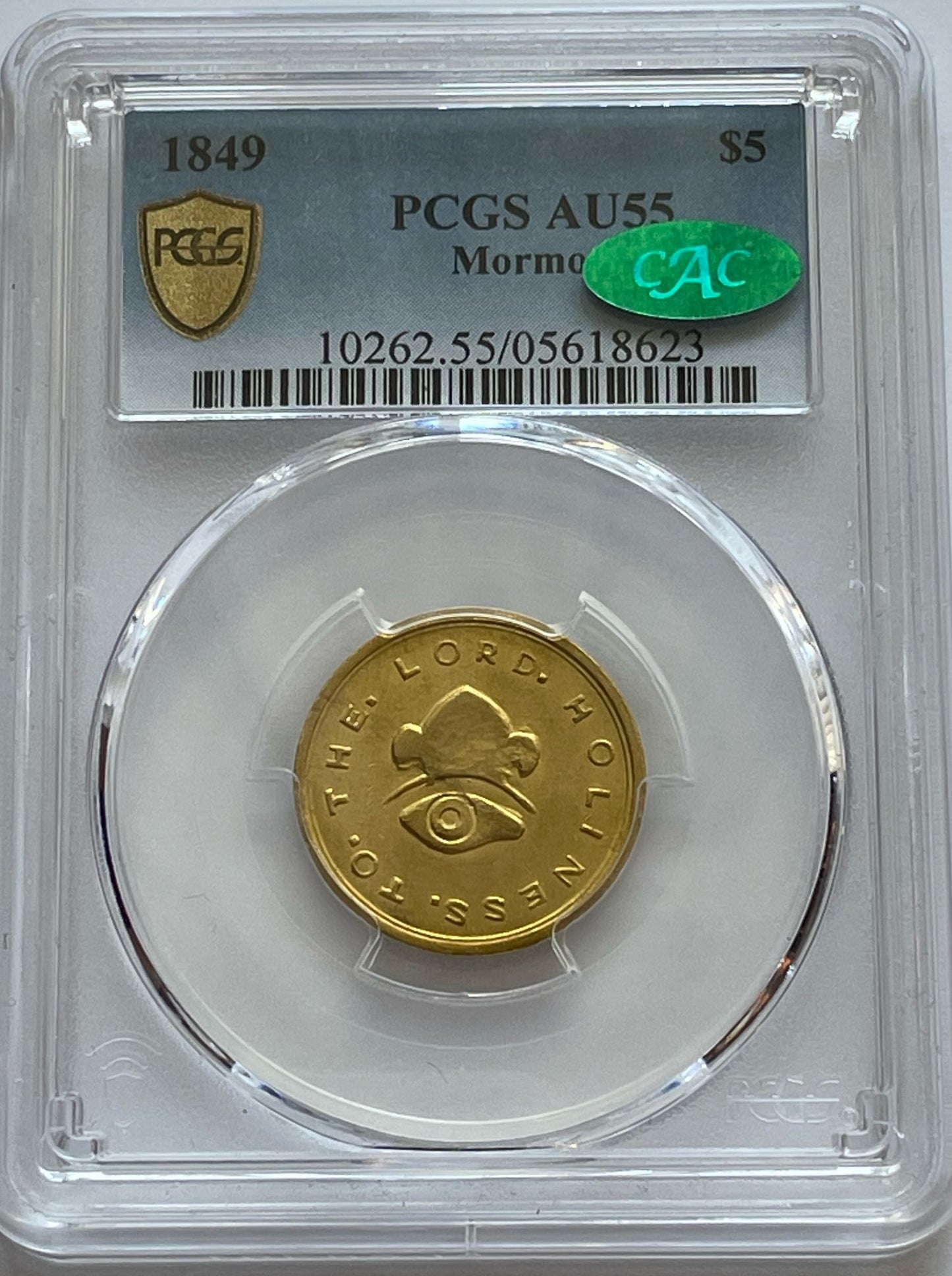 1849 Mormon $5 PCGS AU55 CAC