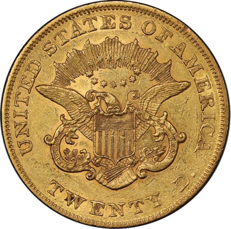 1860 $20 PCGS AU55 CAC