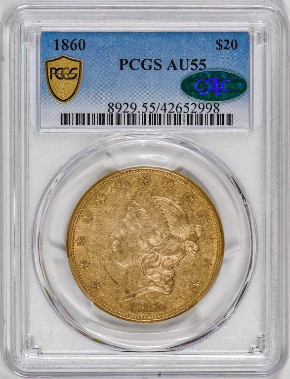 1860 $20 PCGS AU55 CAC